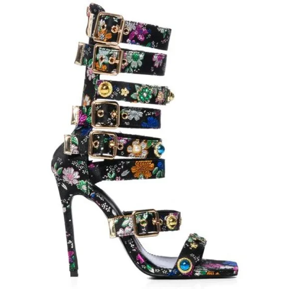 Floral Multi-Color Strappy Heels - Picture 2 of 14